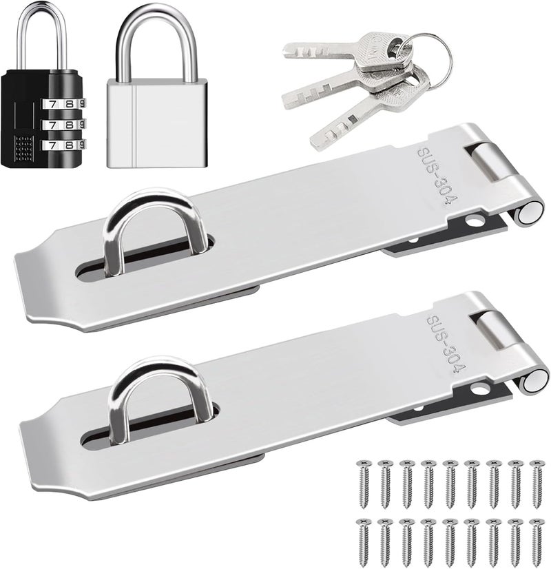 Tnisesm 2 Pack Door Hasp Latch Lock with Combination Lock&Keys Lock, 5 Inch 304 Stainless Steel Safety Packlock Clasp Hasp Lock Latch Extra Thick Gate Lock Hasp with Screws Brushed Finish - Image 1